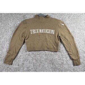 True Religion Crop Sweater Womens S Beige Logo Mock Neck Y2K